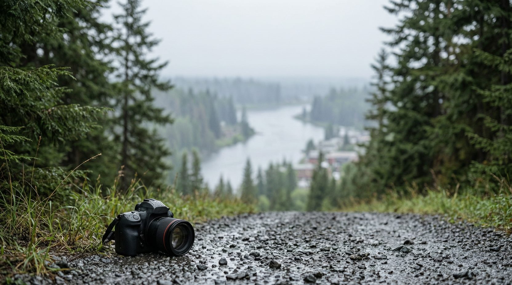A rain-wet gravel trail through cedar and hemlock on the slopes above town at first light, the Fraser River and its flats hazing out below in Mission BC