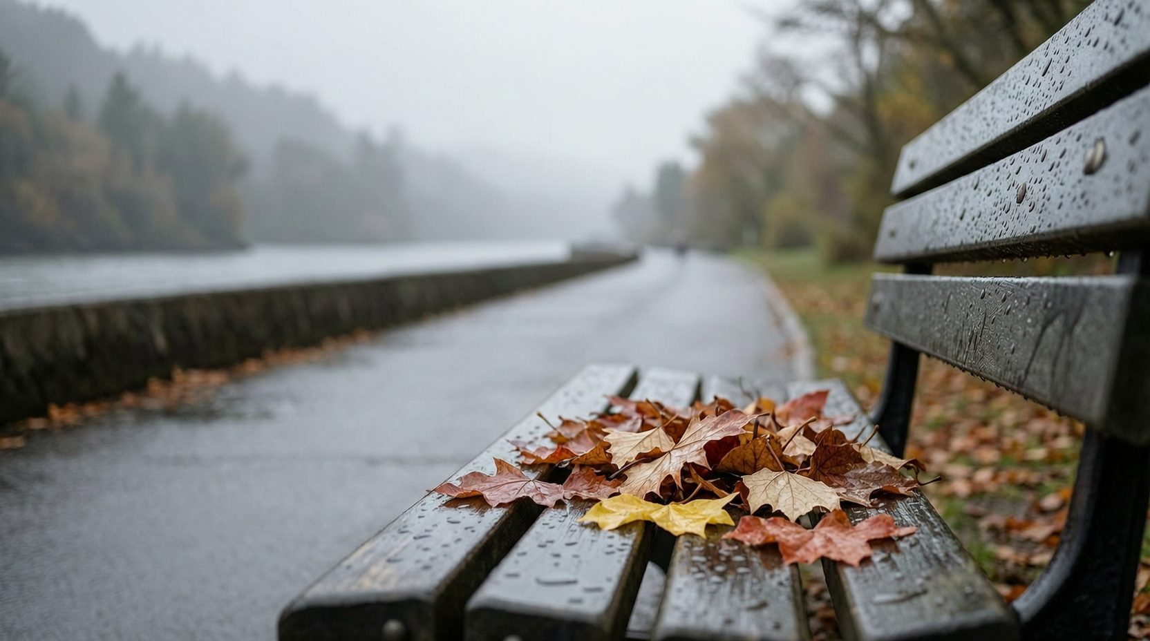 Wet autumn leaves on a rain-spattered park bench near the river dyke trail, the hillside street dissolving into soft grey blur behind them in Mission BC