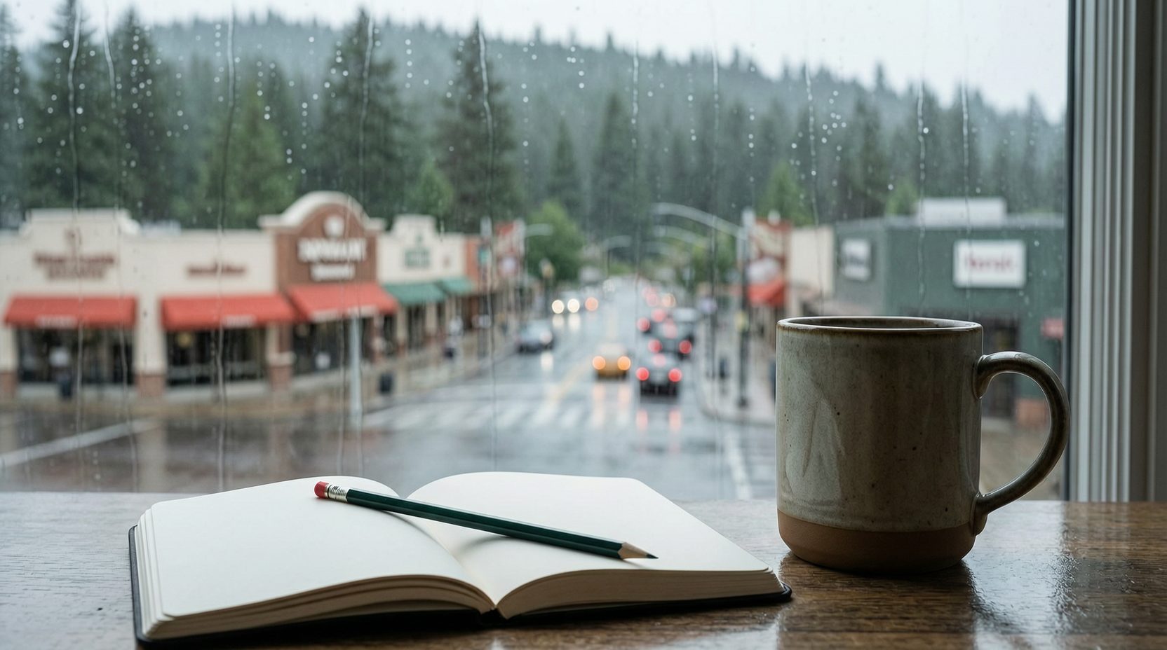 Notebook and pencil open beside a coffee mug at a rain-streaked window looking onto a wet shopping street with the forested hillside beyond in Mission BC
