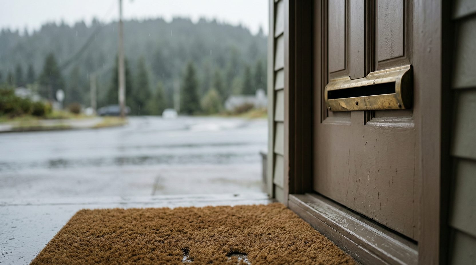 A dented brass letter slot on a painted wooden door above a rain-darkened coir doormat, the wet street behind it dissolved into grey bokeh under the evergreen hillside in Mission BC