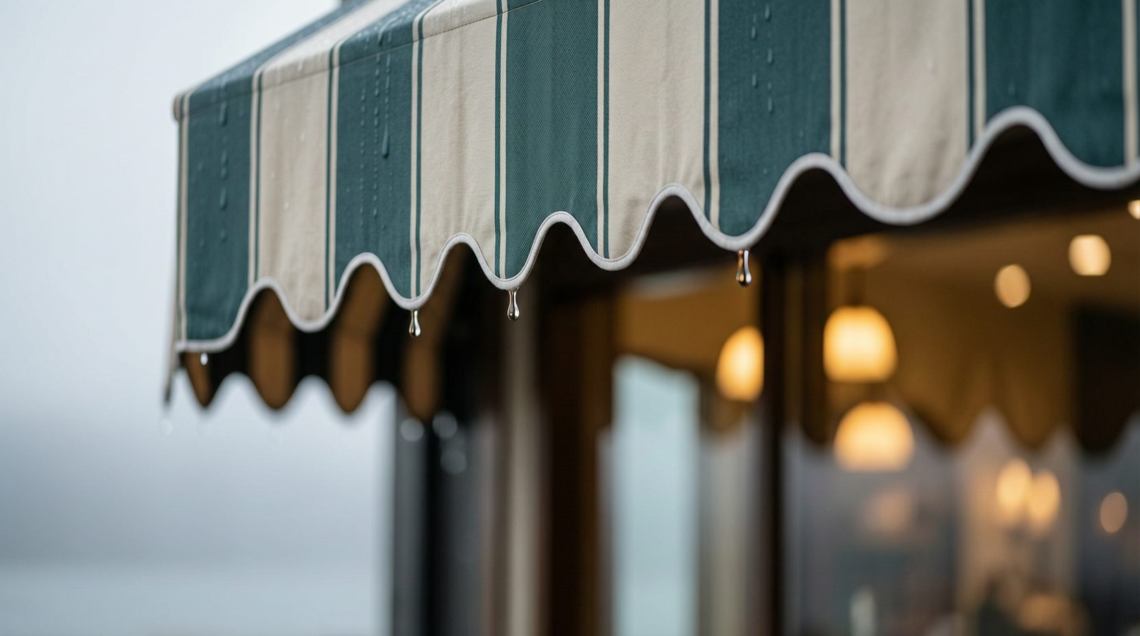Rain dripping from the scalloped edge of a striped shop awning on a quiet block of old downtown Mission, a warm storefront window dissolving into bokeh behind it in Mission BC