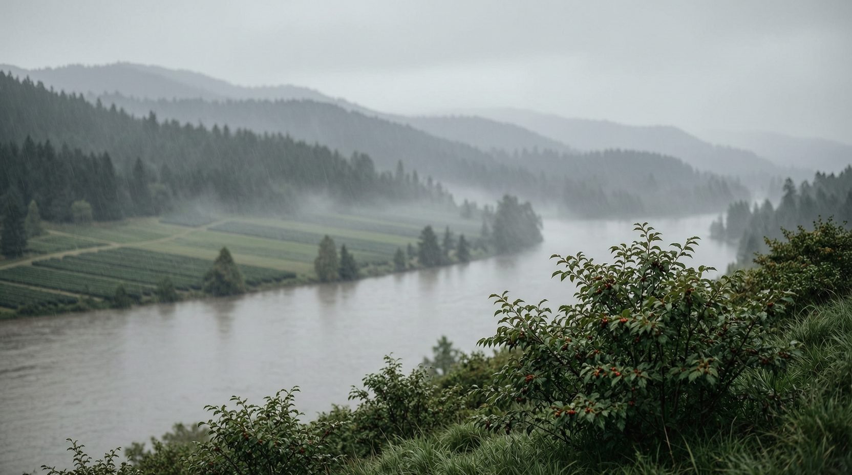 First light on a rain-darkened cedar slope above the Fraser River flats, the water below softened to grey layers and the bell tower of Westminster Abbey rising above the tree line in Mission BC