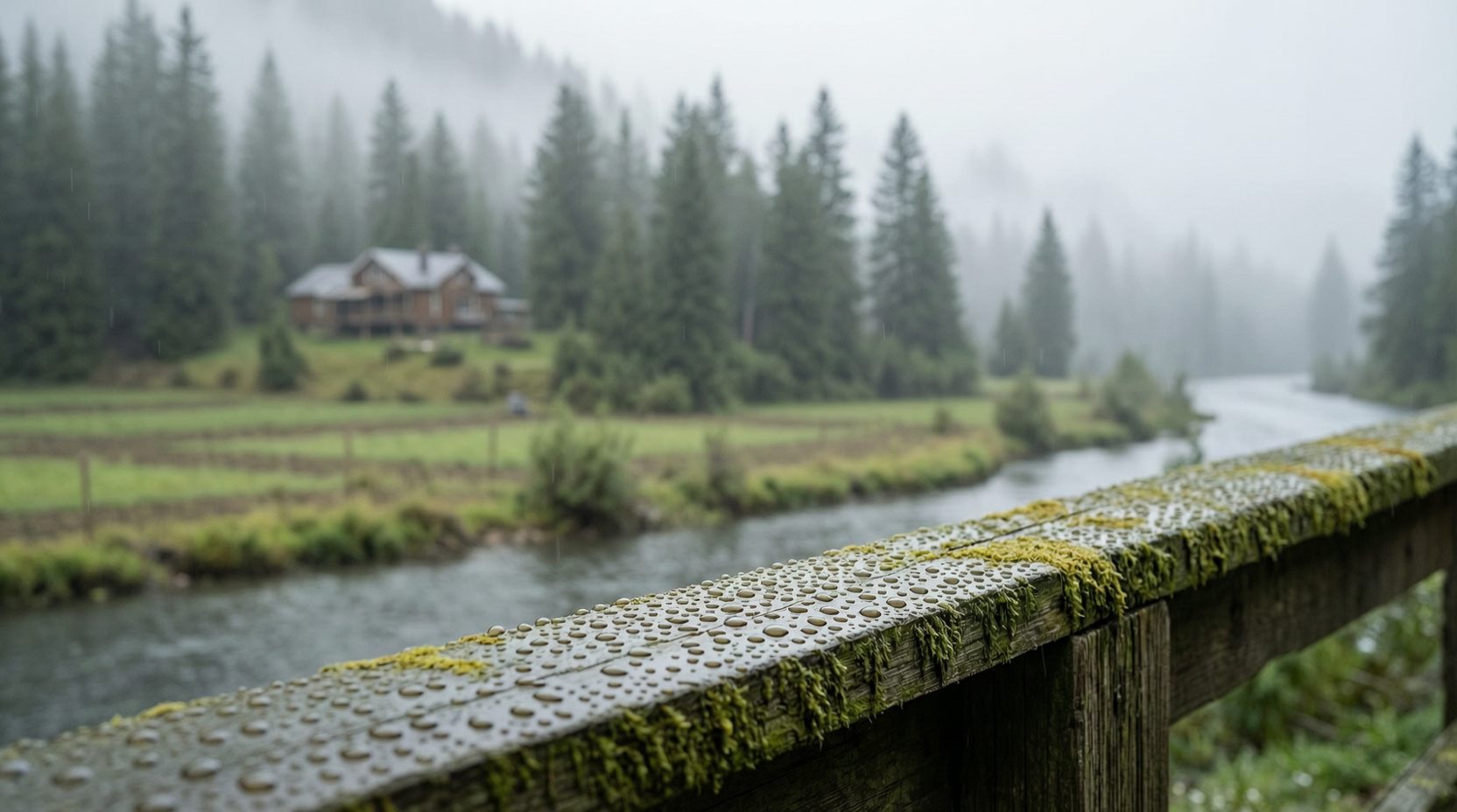 Rain droplets on a mossy cedar rail at the edge of the river flats, a hillside home among evergreens dissolving into mist behind it in Mission BC